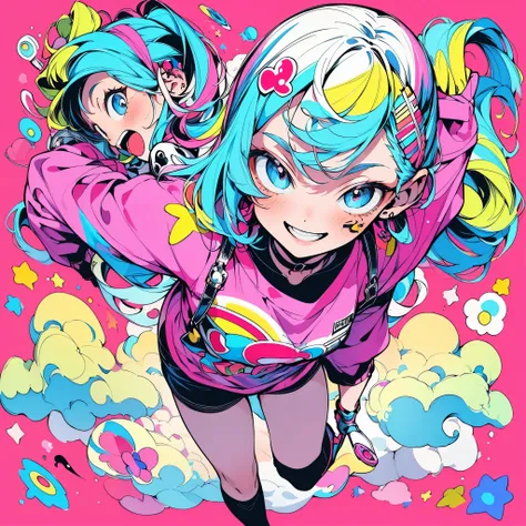 masterpiece, Top Quality, People girl,17 years old,(Cartoon style:1.4),Bright smile,Well-formed face,Dynamic pose,Cute,Pop,Full body,Colorful hair,Big eyes, (Ink design background:1.3),Colorful outfit based on white
