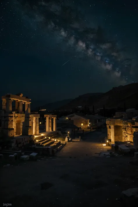 ancient greek village dark theme stars in the sky