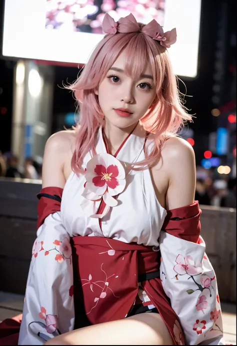 araffe dressed in a kimono outfit sitting on a bench, anime girl cosplay, anime cosplay, ayaka cosplay, haruno sakura, sakura petals around her, sakura kinomoto, cosplay photo, cosplay, professional cosplay, anime style mixed with fujifilm, cosplayer, kasu...