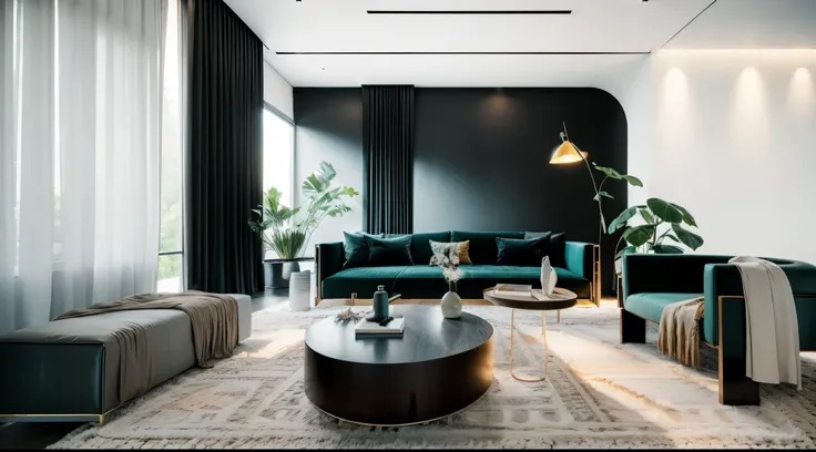 Modern mid-century living room with dim lighting，dark, rainy night outside, (night Its raining e nebulosa: 1.2), Pacific Northwest, (strong lighting: 1.4), (dim lights: 1.2), vegetation, Great Usinas, Its raining, monster, Lots of vegetation, ( Blurred win...