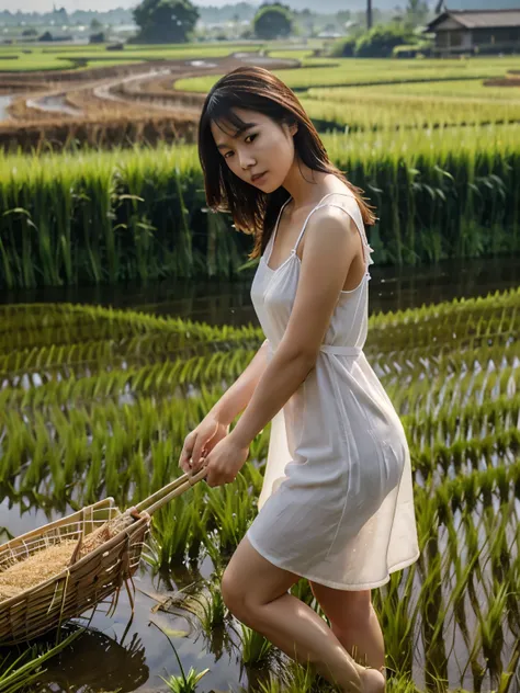 an Asian woman, wearing a thin nightgown, she is pulling grass in the middle of a rice field, HD realistic photo