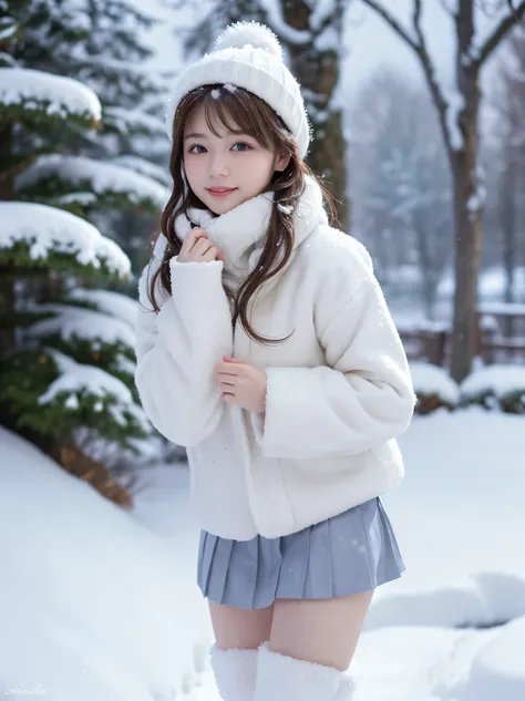 highest quality,4K,8K,High resolution,masterpiece:1.2,super detailed,realistic,photorealistic:1.37,winter, snow, snowy landscape, beautiful girl in a down coat, fine eyes, detailed lips, long eyelashes, mini pleated skirt, snowy scene, soft lighting, cozy ...