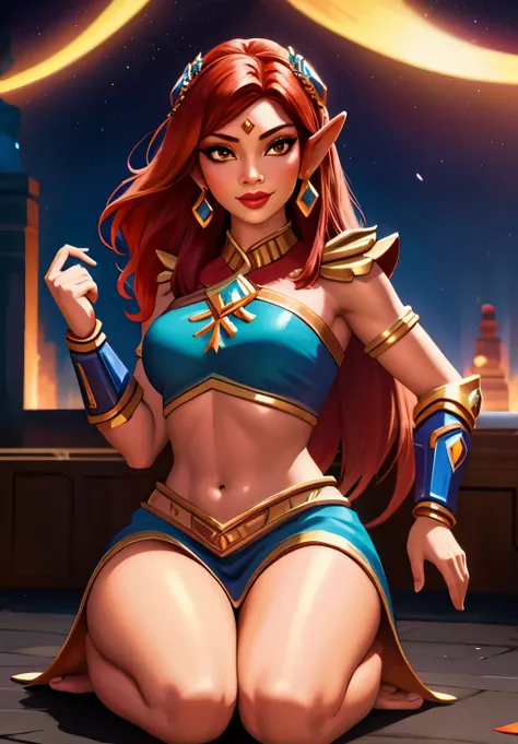 smite_pele, smirk, (gorgeous, beautiful, enchanting:1.3), blue dress, blure lipstick, red hair, urbosa ,  tha legend of Zelda, hot look, kneeling 