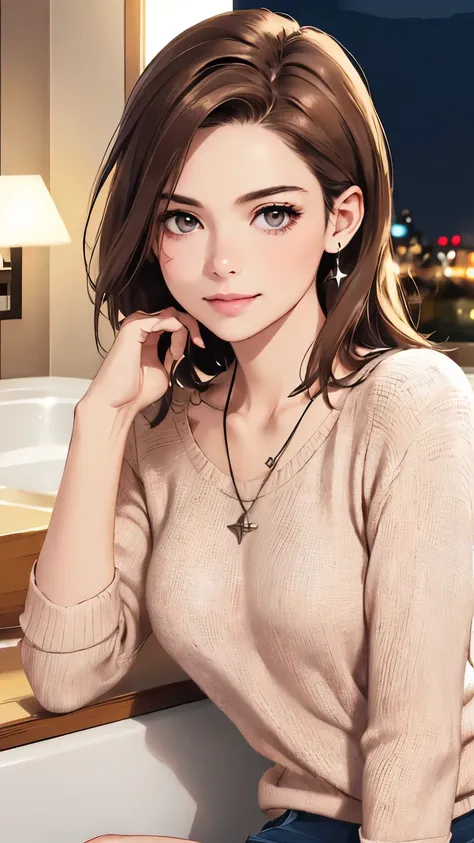 ((night、realistic light、highest quality、8K、masterpiece: 1.3))、1 girl、slim beauty: 1.4、(brown hair、medium breasts: 1.3)、Pink long sweater: 1.1、Bathroom、extra thin face、delicate eyes、 double eyelid、smile、necklace、brown eyes