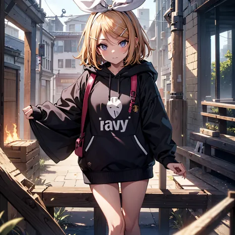 Kagamine rin , 1 girl , wearing a red hooded sweater , white miniskirt with gold horizontal lines , viendo al espectador , bragas visibles , rostro seductor 