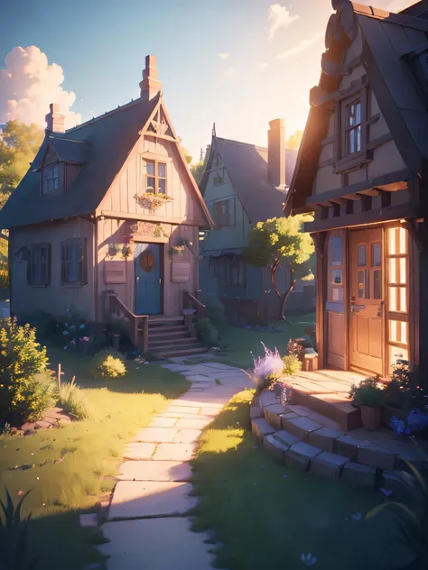 ((masterpiece、very detailed CG Unity 8k、best quality、very detailed：1.2))、(Top quality: 1.2)、 Candy House、(best illustrations)、 (beautiful lighting)、Isometric 3D、octane rendering、ray tracing、Super detailed、fantasy、cute house exterior、pop blue and pink house...