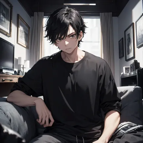 ridiculous resolution, high resolution, (masterpiece: 1.4), Ultra-detailed, Young man with messy short black hair, black eyes, Black casual clothes, weird room, lying on sofa, watching tv (1.3), angry expression