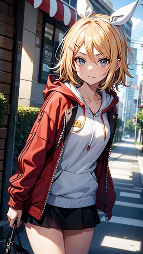 kagamine rin , 1 girl , wearing a red hooded sweater , white miniskirt with gold horizontal lines , viendo al espectador , braga...