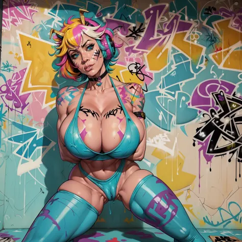 masterpiece, best quality, 1girl, solo, crop top, ((colossal cleavage:1.3)), gym leggins, choker, (graffiti:1.5), paint splatter, arms behind back, against wall, looking at viewer, armband, thigh strap, paint on body, head tilt, bored, multicolored hair, a...