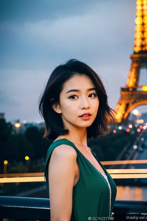 Indonesian woman in a green dress posing for a picture in front of the eiffel tower, with eiffel view, in front of the eiffel tower, in paris, Indonesian girl, with glowing lights at night, leaked image, bokeh paris in background, eiffel tower, ultra reali...