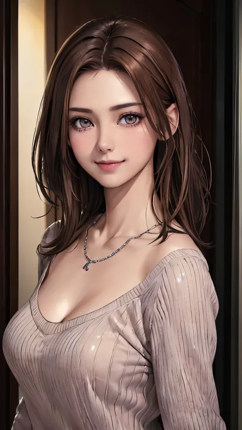 ((night、realistic light、highest quality、8K、masterpiece: 1.3))、1 girl、slim beauty: 1.4、(brown hair、medium breasts: 1.3)、Pink long sweater: 1.1、Bathroom、extra thin face、delicate eyes、 double eyelid、smile、necklace、brown eyes