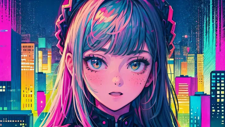 best quality, 4K wallpaper, masterpiece, extremely detailed CG unity 8k wallpaper, extremely detailed eyes, ultra-detailed, intricate details, face close up 1 happy girl in center, "no hand" retro art style, neon_pop art style, public, outdoors, roof top, ...