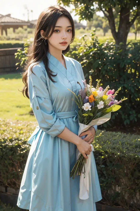 beautiful noble girl in light blue clothes standing in the garden with flowers