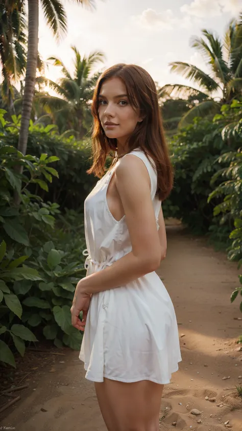 young woman, ginger hair, mid shot, very beautiful, summer white dress, standing in tropical forest, sunset, peaceful atmosphere, vibrant, colorful