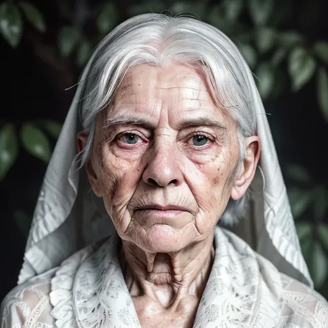 (RAW style, masterpiece, best quality, ultra-detailed), An elderly woman of 100 years old, with white hair covered by a cloth, a sad face, wearing a damp cloth with floral patterns, sitting hidden among withering leaves. The image is captured in an analog ...