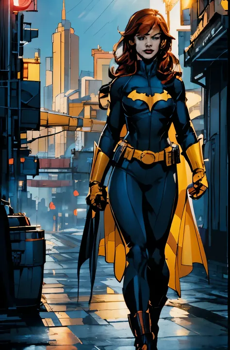 Batgirl with blue eyes, long red hair. Bat mask on her face, dressed in a in black rubber bodysuit with the bat sign on her chest, and with yellow utility belt, yellow gloves, yellow boots, and a dark yellow cape. She is in full body view and looking at vi...