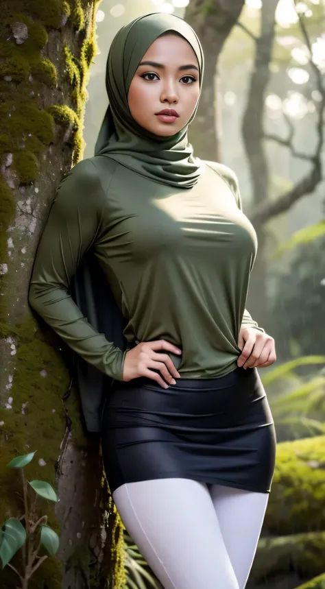 RAW, Best quality, high resolution, masterpiece: 1.3), Beautiful Malay woman in hijab (iu:0.8),looking at viewert，Portrait photography of a beautiful young malay girl in hijab wearing tight long sleeve tshirt and short skirt with leggings celebrate birthda...