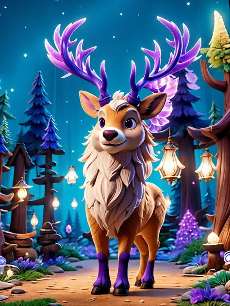 Cute and ethereal big elk，3D C4D rendering，Cartoon，Purple antlers，enchanted forest，light cream body，(There is a strip of dark purple fur from the top of the head to the back)，Mysterious lights，Magic elements