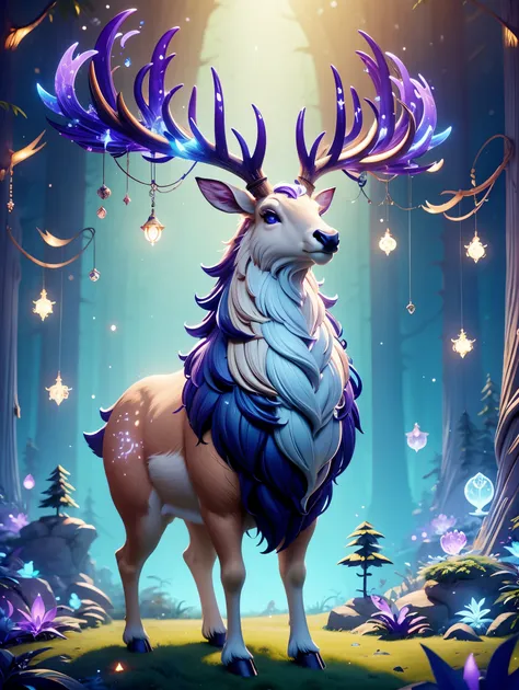 3d cartoon，a cute and ethereal elk，enchanting enchanted forest，elk&#39;s body is light cream color，grace、dignified，with an imper...