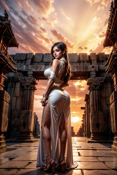 ancient city at sunset, young beautiful woman in long dress fashion, full body shot, back view from below, giga_busty