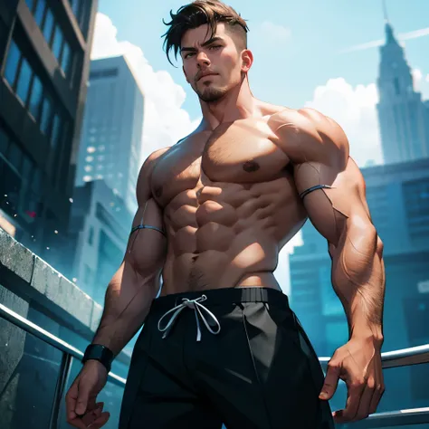 depth of field, cinematic lighting, motion blur, chromatic aberration, ray tracing, anime, 8k, super detail, best quality, 1080P, HD, 4K, 16k. Anime action hero, man and woman, shirtless man muscular, woman sexy