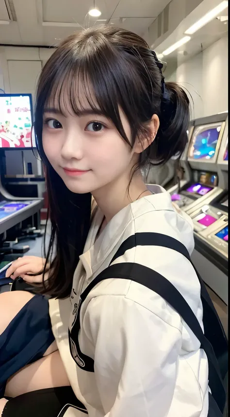 masterpiece, highest quality,   cute face, black hair, ponytail,  {{}}, High school girl playing Street Fighter II at the game center,
she is looking at the screen, laughter, cyber punk, 