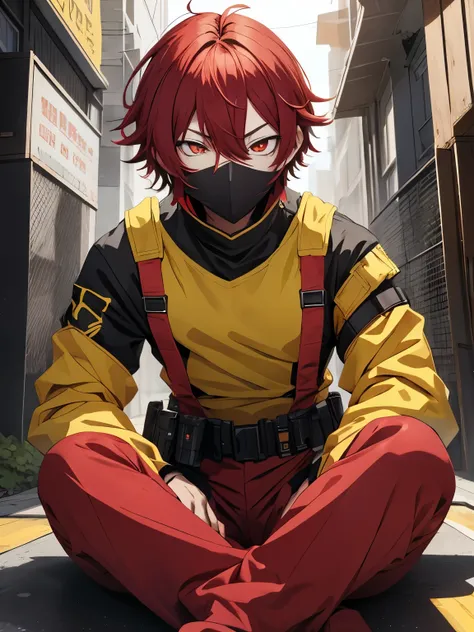 Anime guy sitting on top of yellow mansion army suit red eyes red mask green shirt 