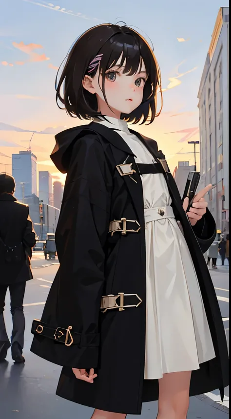 (short cute girl，small young student，young delicate girl）,（masterpiece，Top quality)，black hair，duffle coat，Light brown coat