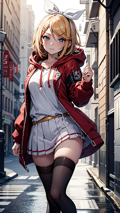 Kagamine rin , 1 girl , wearing a red hooded sweater , white miniskirt with gold horizontal lines , viendo al espectador , bragas visibles , rostro seductor ,(imagen de ultra alta calidad 4k )