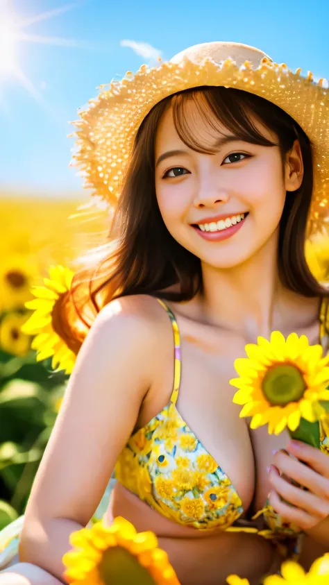 (realistic, photo-realistic:1.4), (extremely detailed 8k wallpaper), bokeh, detailed beautiful eyes and skin, (Image from thighs to head:1.3), (Japanese idol:1.4), 25yo, beautiful woman, smile, Nogizaka, large breast, Sunflower yellow sundress, Carefree, G...