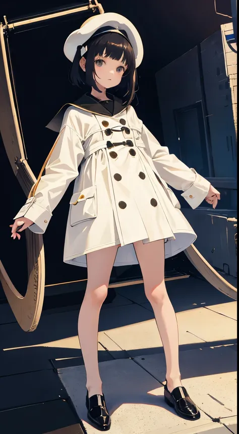 (short cute girl，small young student，young delicate girl）,（masterpiece，Top quality)，duffle coat，(Beige coat)，black hair