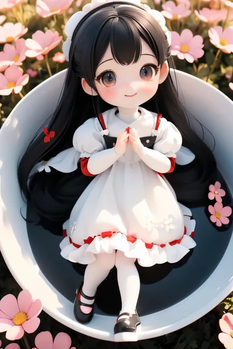 Photoreal、((Use white, black, and red))、doll、((dollの柔らかさを強調))、smile、In a cute pose、look up、look up、put your hands out in front of you、There are flowers in the front too...、wear cute shoes、season!!: summer ☀ 🍂