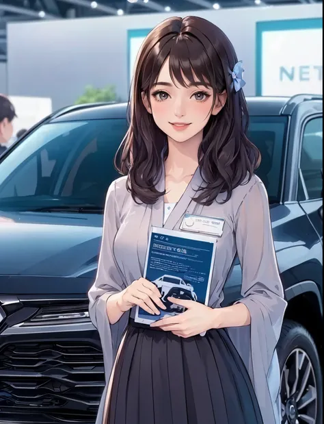 1lady solo standing, event staff (simple and cool costume), mature female, /(black hair/) bangs, blush kind smile, (masterpiece best quality:1.2) delicate illustration ultra-detailed, large breasts BREAK (standing next to the latest model car), (holding pa...