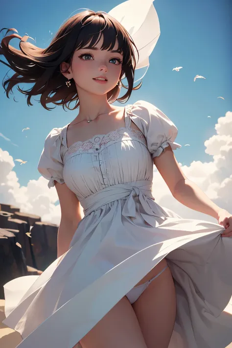 very cute and beautiful girl,frilled white summer dress with detailed lace,(highly detailed beautiful face and eyes:1.2), (smile),embarrassed,black hair,looking at viewer,cowboy shot,(skirt lift,white panties), beach,distant rugged cliffs, (best quality,ma...