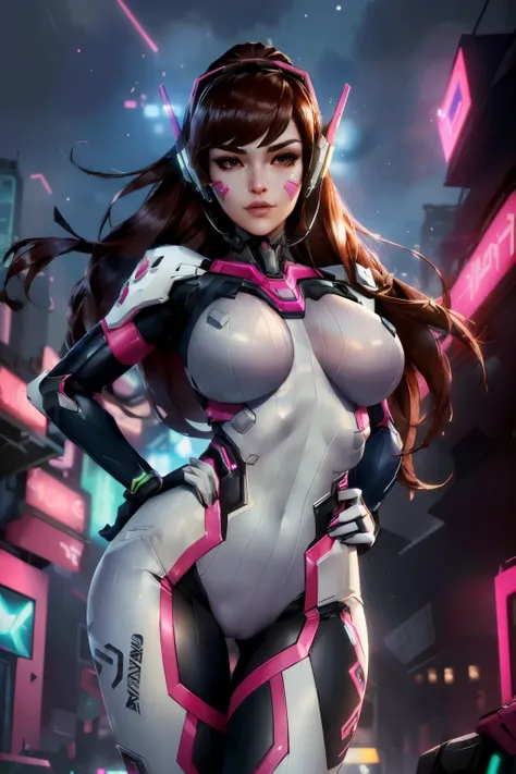 (masterpiece, best quality, ultra detailed, absurdres)1.5, 1girl, (sexy, beautiful woman, perfect face, perfect eyes, perfect female body, huge breasts)1.5, (dvaover, d.va (overwatch), long hair, brown hair,  headphones, ribbed bodysuit, v, whisker marking...