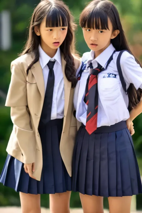 nsfw,((two neat girls、14 years old,、Symmetrical)),((school uniform,tie、under nipple,show off nipple,skirt lift,Extreme ymmetrical)),pussy,nipple,Symmetrical、(I let my bangs down、long hair)