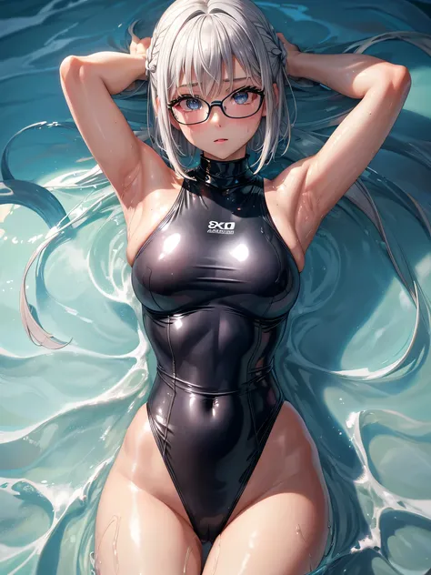 best image quality、8K、UHD、pieces fly、cute eyes、silver hair、Glasses、latex high neck swimwear、latex high neck school swimwear、short hair、短髪のsilver hair美女、wet skin、