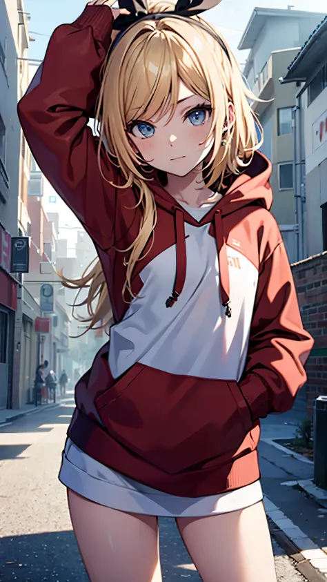 Kagamine rin , 1 girl , wearing a red hooded sweater , white miniskirt with gold horizontal lines , viendo al espectador , bragas visibles , rostro seductor ,(imagen de ultra alta calidad 8k ) obra maestra ( high-definition picture )