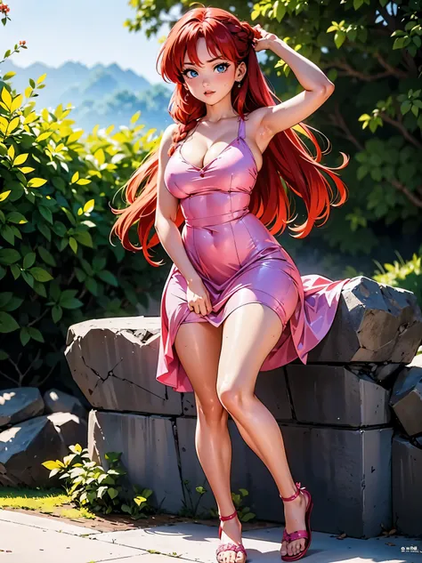 Garota anime ruiva com vestido de casamento rosa pink, 16 anos, corpo bonito, seios grandes, with your hands behind your head, running your hands through your hair, garota sexy, red hair with braid, gorgeous lighting, sombras suaves, olhos azuis, pernas bo...