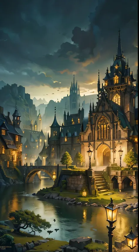 (best quality, 4k, highres), gothic fantasy city on an island, mossy stones, golden details, dragon-like ornaments, birdseye view, medium: oil painting, ultra-detailed, realistic lighting, vibrant colors, bustling,