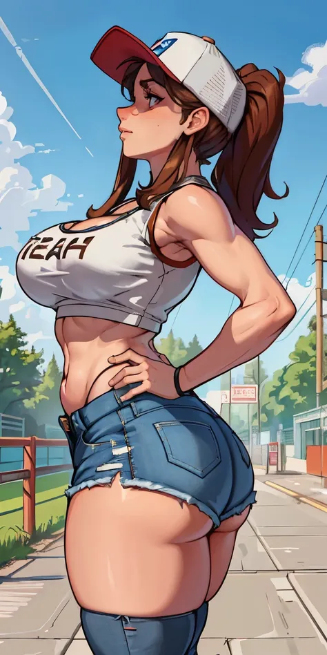 The beautiful, (tmasterpiece:1.2), (Best quality at best:1.2), perfect  eyes, s the perfect face, perfect litthing, 1个Giant Breast Girl, Sam, standing back, metathorax, baseball cap, black in color, , Brown hair, Crop top, cutoff point, Denim, denim short,...