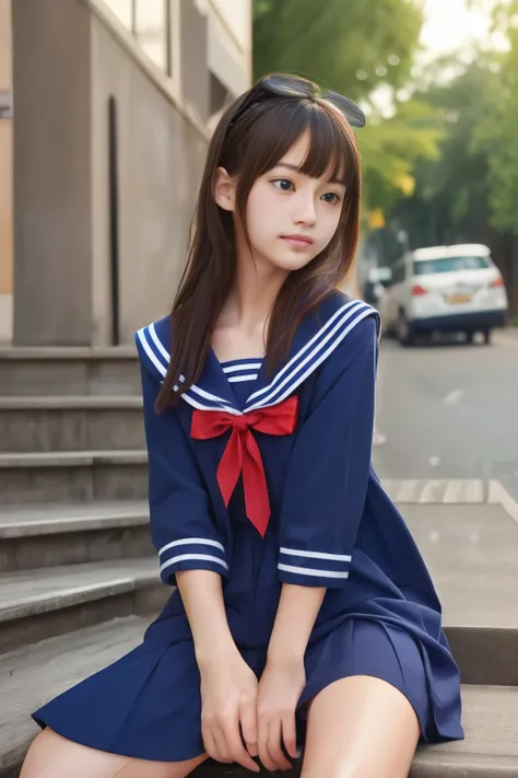 1 girl、((sailor suit))、Asian high school girl uniform、mini skirt、bustling street、sit on the stairs、spread legs、Wedgie、（Spread your legs apart）、( small breasts)、（small breasts）、 (best quality: 1.1)、(highly detailed skin), (ultra high resolution:1.0) ,(reali...