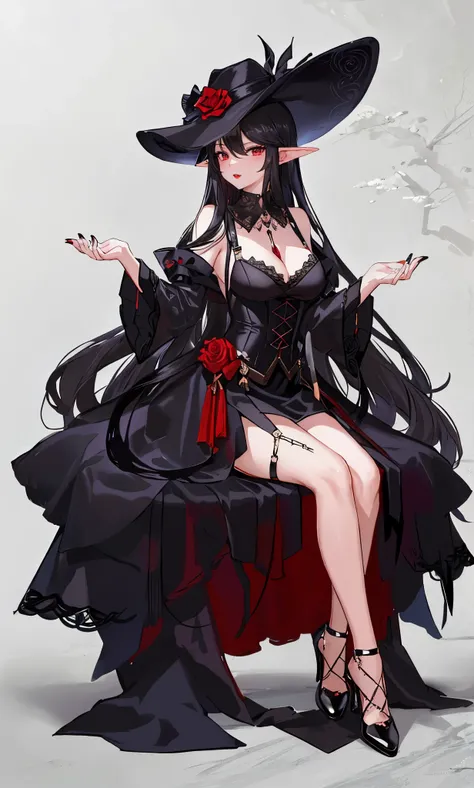 long black hair,close up,dream world,Elf royal sister,red lips,long black hair凌乱的发丝,Nice red eyes,ruins background,Black Rose Garden,grace,Manicure,Huge wide-brimmed black hat,(Black lady hat),necklace,humanoid,Baroque, Her skin is very white, fair complex...