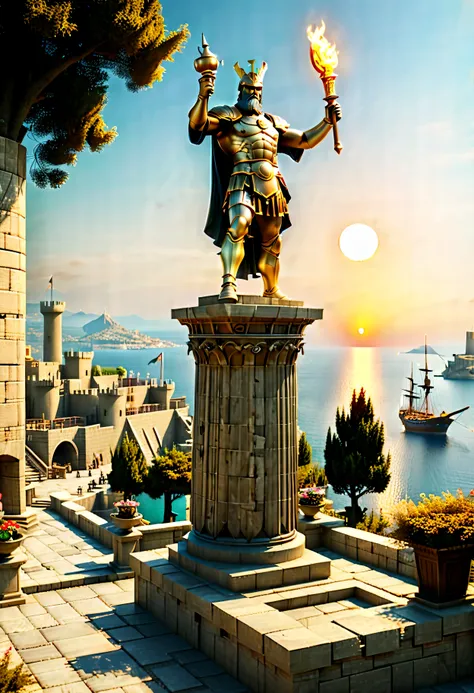 the corner castle terrace overlooks ancient city of rhodes with view of the port, mesmerizing colossus of rhodes bathed by sunse...