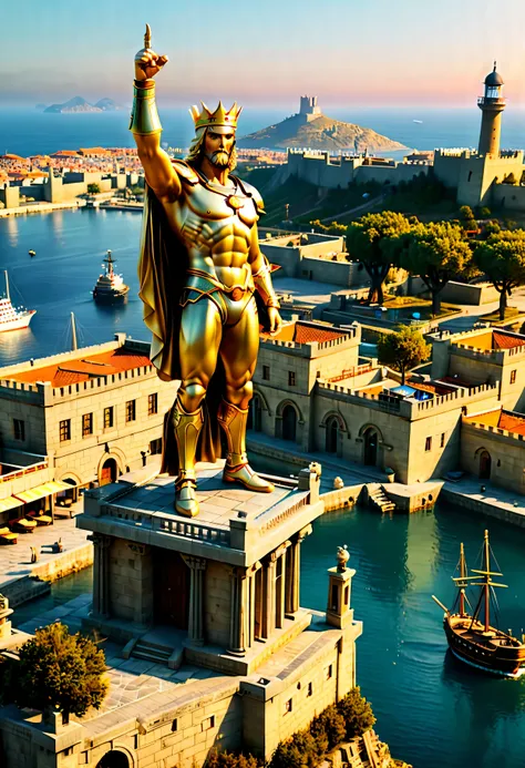 The corner castle terrace overlooks Ancient city of Rhodes with view of the Port, mesmerizing Colossus of Rhodes bathed by Sunset light,((golden hour time):1.2),((Ancient City with Port):1.2),((Colossus giant statue):1.1),delicate golden hour light, amazin...