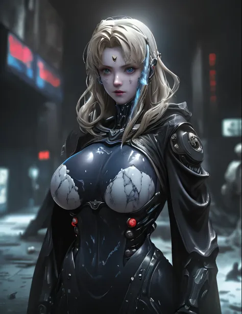Cyberpunk underground central control hall at night,Collagen Moisturizing Skin Protective Mask,Light blue metallic magnesium powder moisturizes skin,Charming hot marble noble princess statue,light hair,Masterpiece Samus,shocked expression,Close-up neon tra...