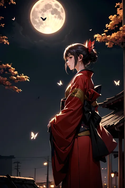 1 girl, Wide-angle lens, standing in front of bloody full-moon,front,  from below , red kimono, Background group of butterflies,high resolution,(Extremely ridiculous),anime visual,Extremely detailed CG unified 8k wallpaper, ((masterpiece)), ((top quality))...