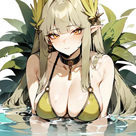 1 girl, muelsis (polar nights), polar nights,(masterpiece, Best quality:1.2), newest. simple background,White background. bikini, greens, water, Orange eyes,elf ears, from the nanny