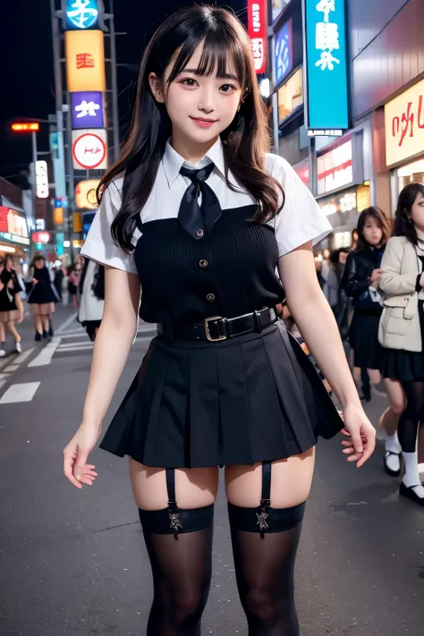 high angle shot、center view、a woman standing on a neon street at midnight、phenomenally cute 、japanese girl uniform、summer clothe...