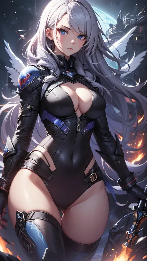 最high quality、best image quality、masterpiece、teenage girl((18-year-old、 By becoming、vest bust、medium bust,wide open breast tea、black eye, gray hAria、long hAria、thin,highest valley、Black Battlesuit、white arm parts、white leg parts、Holding a big sword、Glowing...